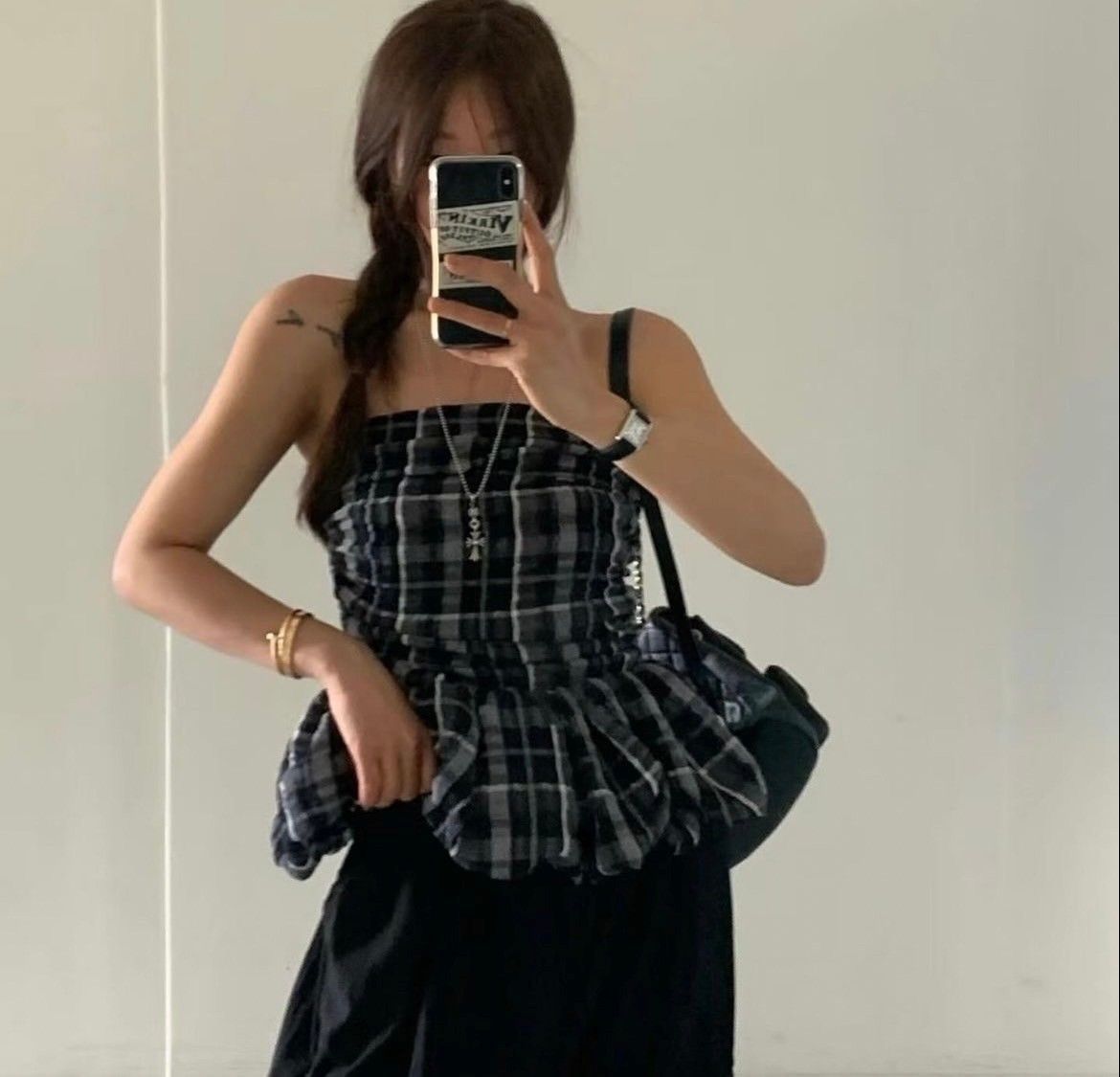 韓系格紋花苞平口背心