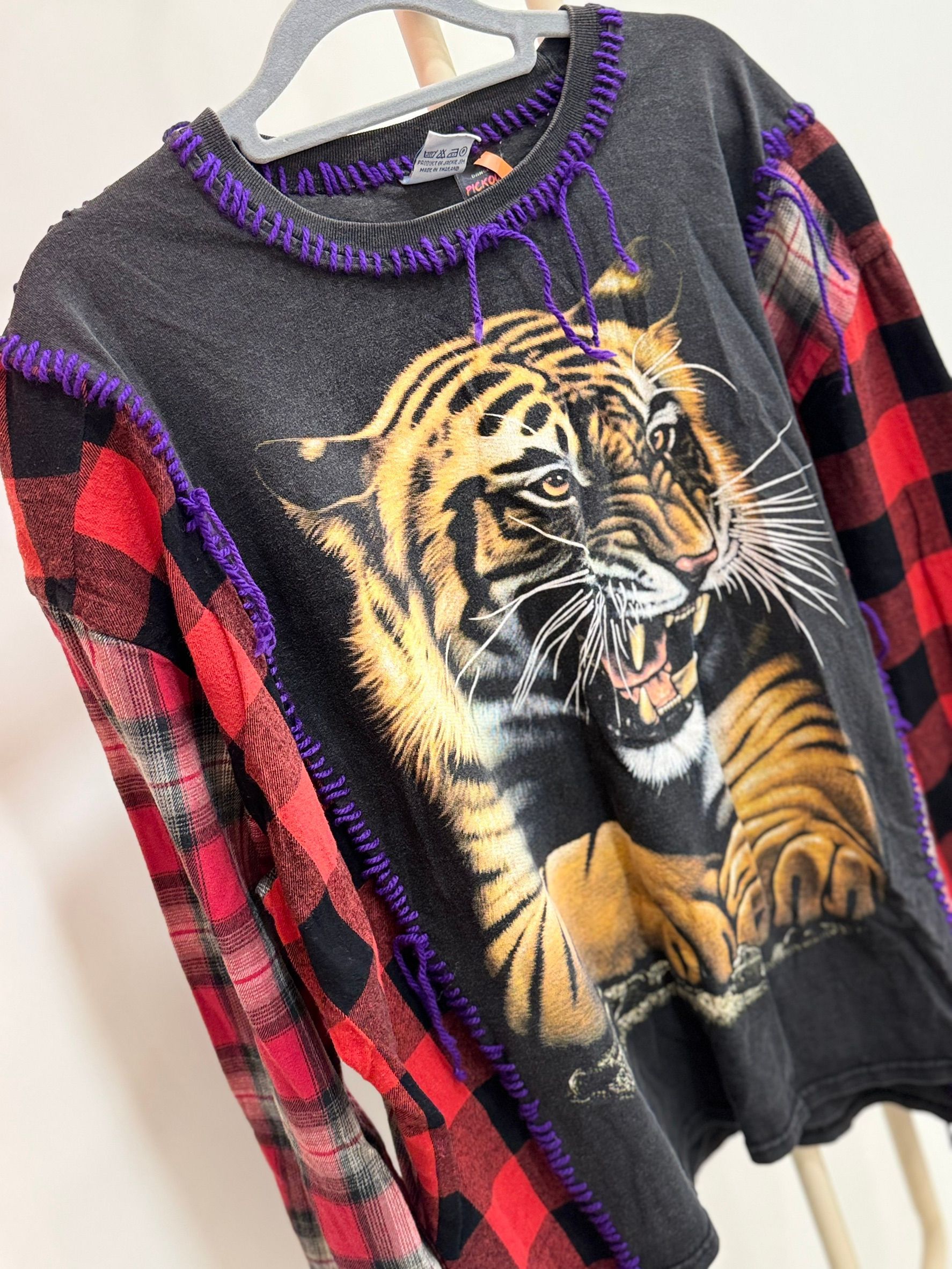 泰國設計師 手縫老虎格紋接袖上衣