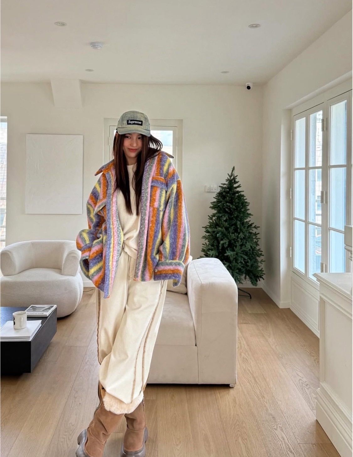 彩條Q毛輕量保暖襯衫外套