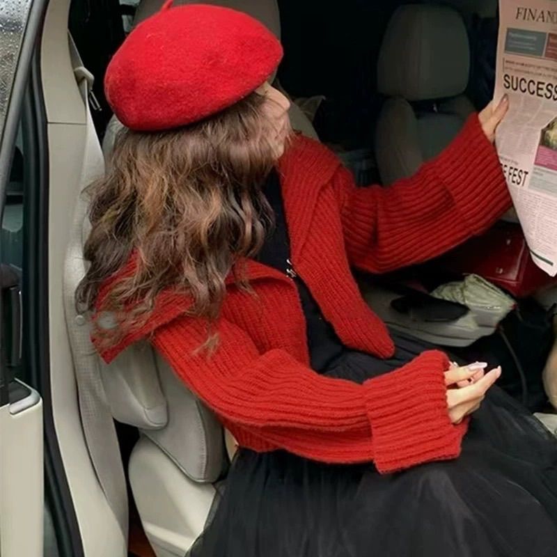 慵懶針織短版大翻領寬袖外套