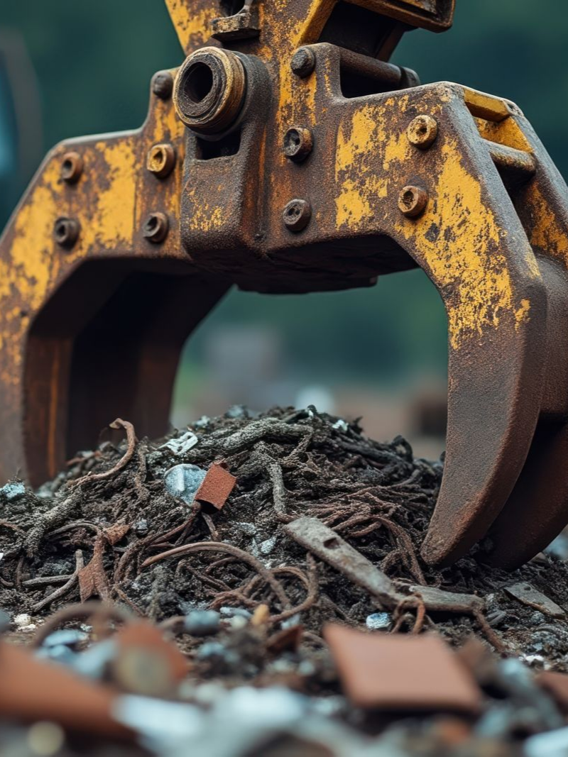 Industrial hydraulic grabber lifting mixed scrap metal for recycling. Industrial hydraulic grabber lifting mixed scrap metal for recycling.