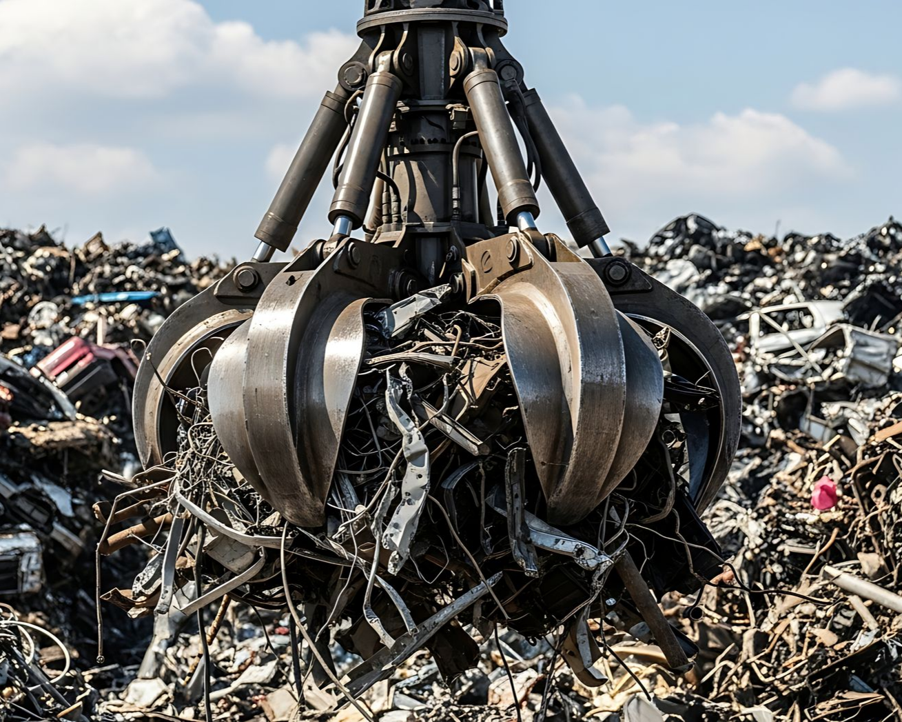 Metal claw holding scrap metal in a junkyard under a blue sky. Metal claw holding scrap metal in a junkyard under a blue sky.