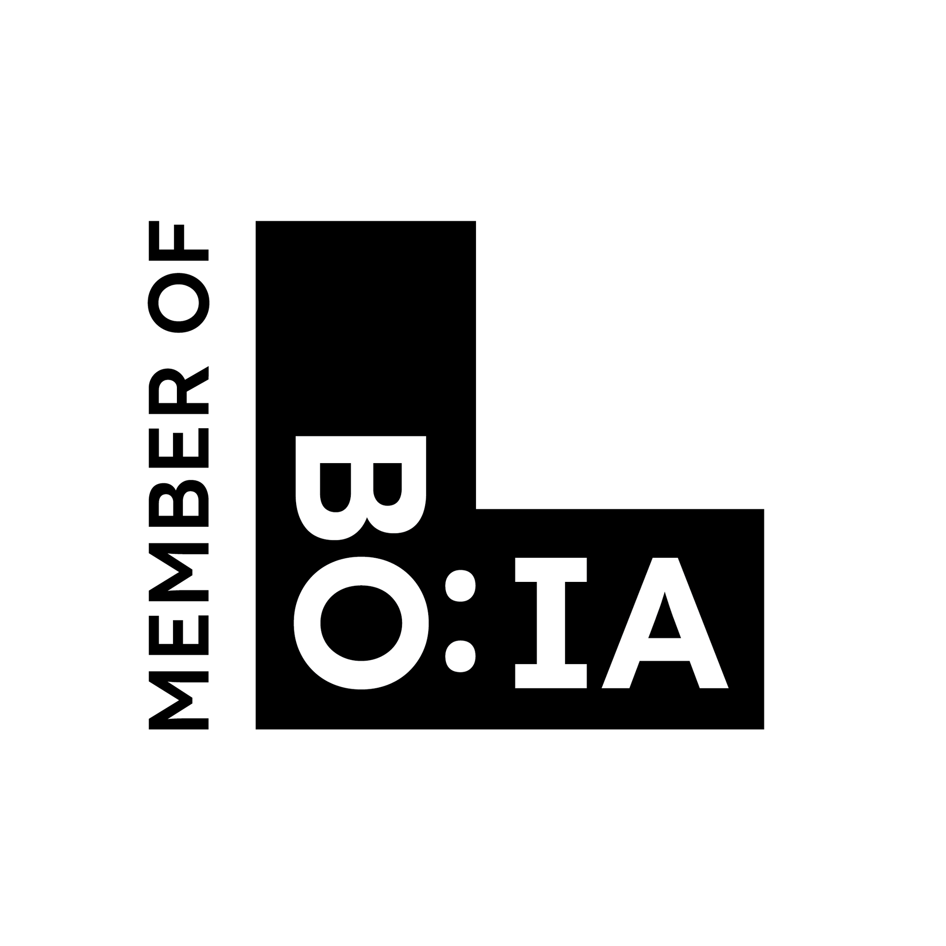 „Mitglied von BO:IA“ in einem schwarz-weißen Quadrat. „MITGLIED VON“ steht links neben dem Quadrat, und „BO:IA“ befindet sich im Quadrat.