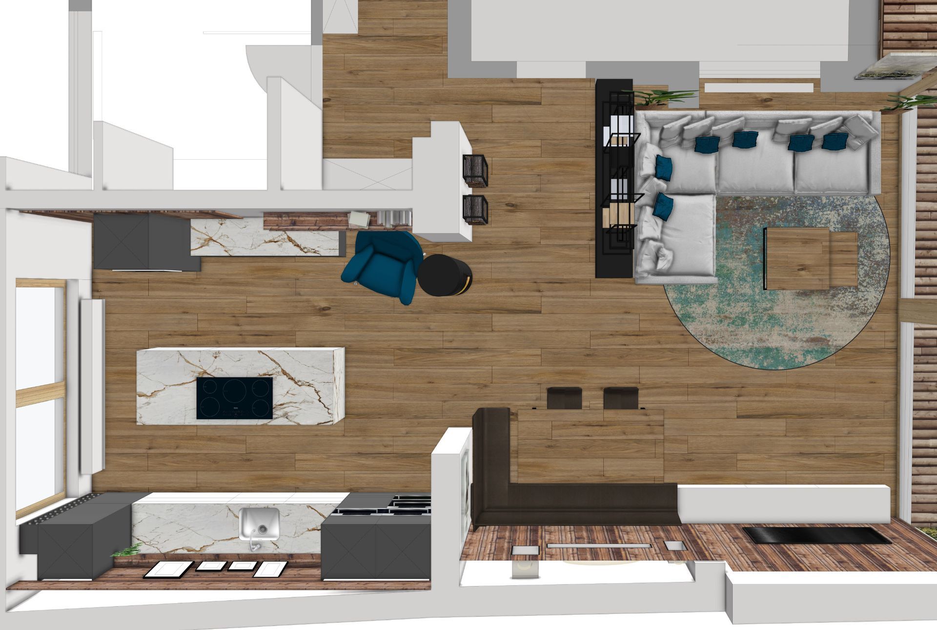 Draufsicht auf das Interieur einer modernen Wohnung mit Küche, Wohnzimmer und einer kleinen Terrasse mit Holzboden.