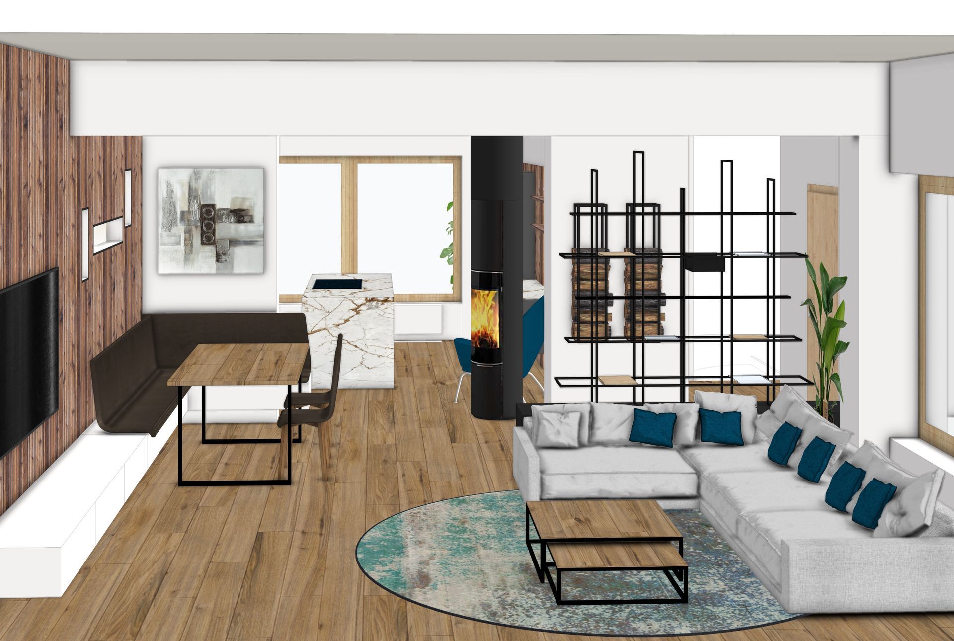 Moderner, offener Wohnbereich mit Essbereich, Wohnzimmer und Kamin; helle Holzböden und neutrale Farbtöne.