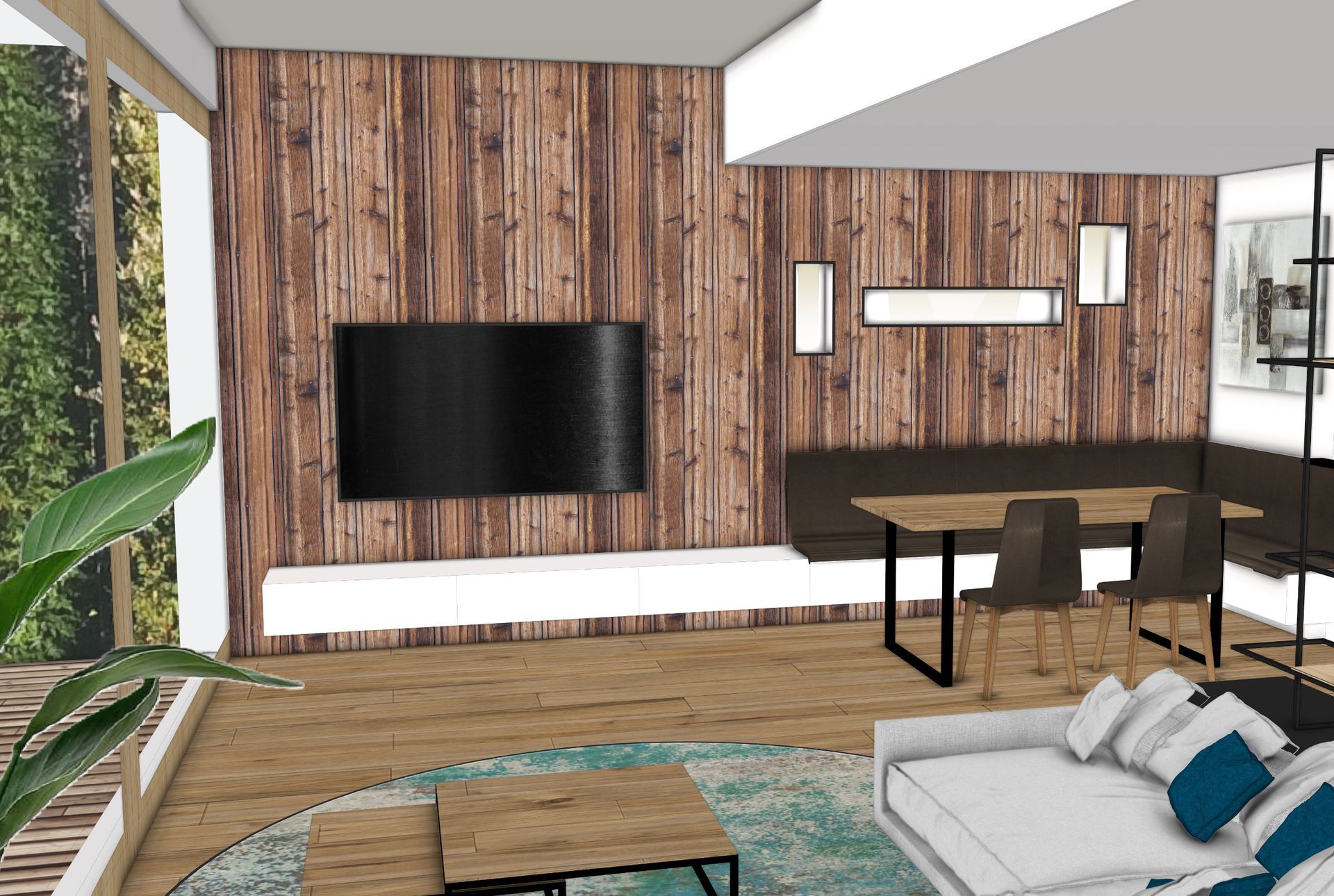 Wohnzimmer mit Holzvertäfelung, Fernseher, Sofa, Essbereich und großen Fenstern.