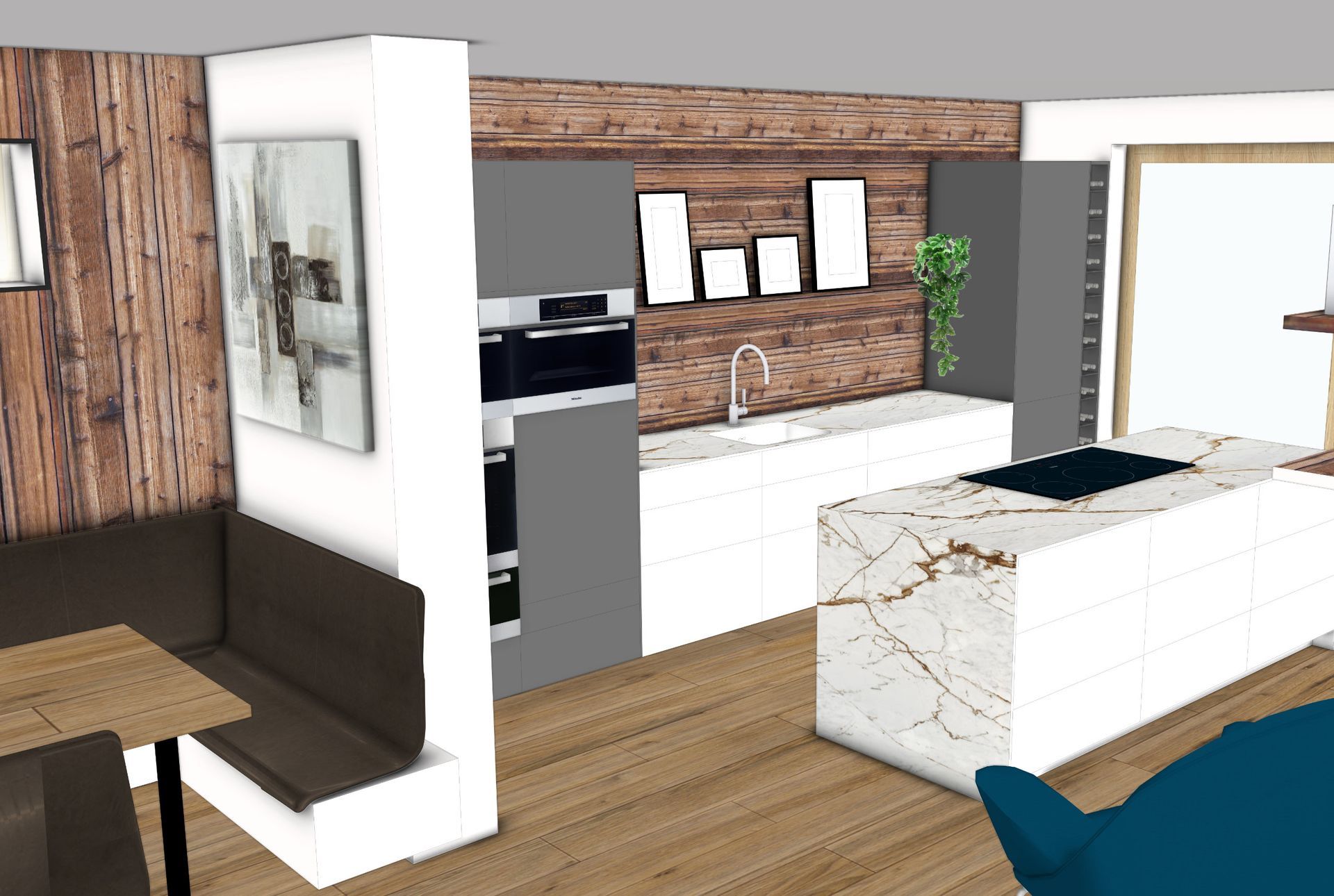 Visualisierung einer modernen Küche mit Holzelementen, grauen Schränken, weißen Arbeitsplatten und einer Marmorinsel.