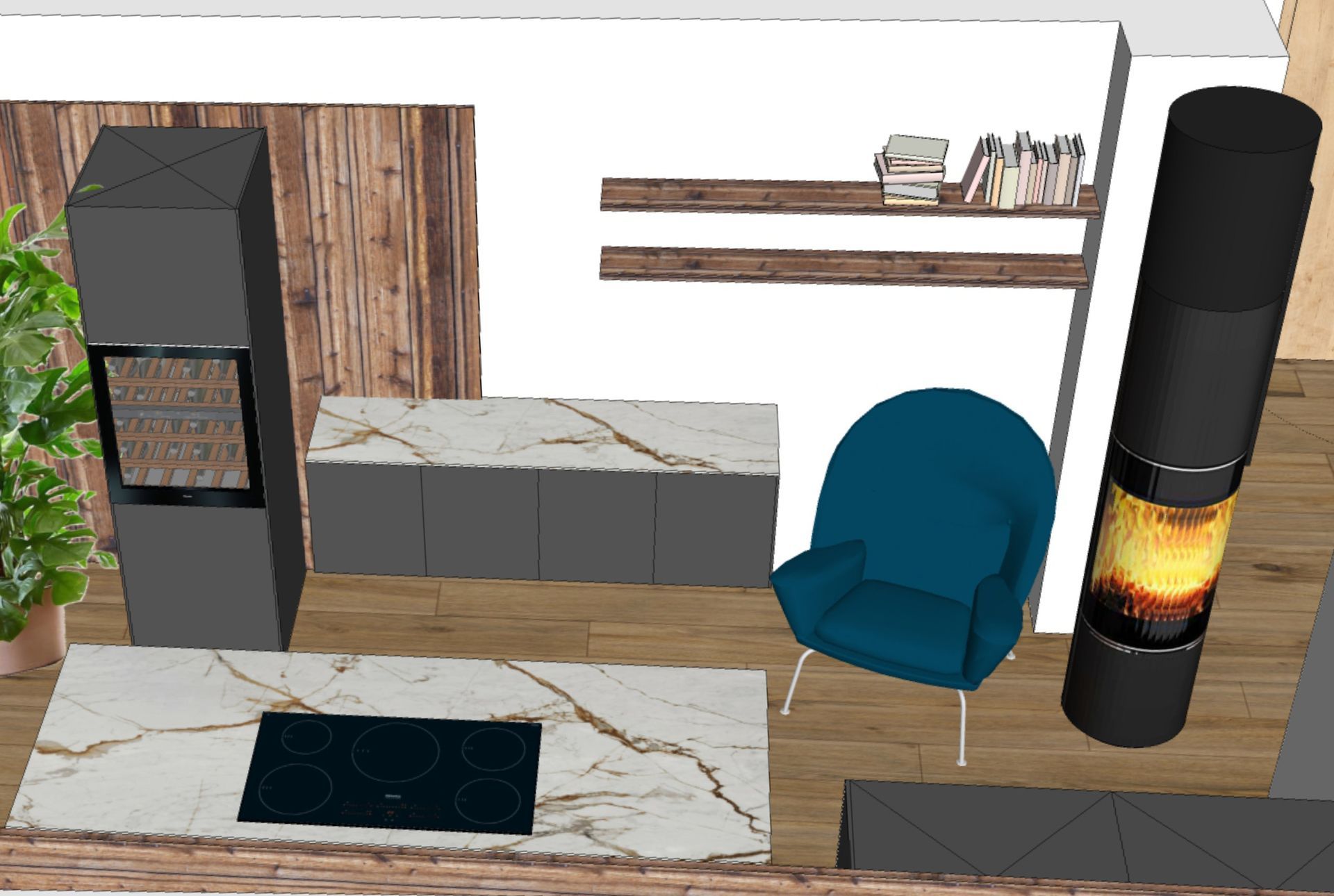 3D-Rendering einer modernen Küche mit Herd, Kamin, blauem Stuhl und schwebenden Regalen.