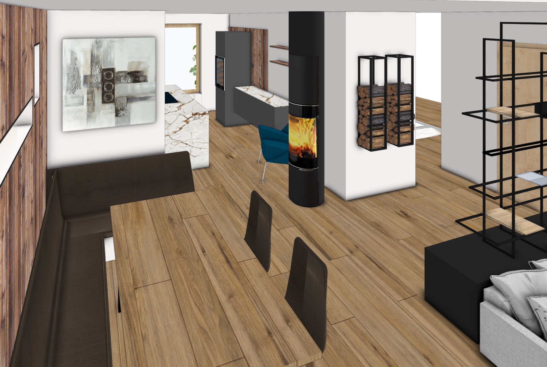 Esszimmer mit langem Holztisch, eingebauter Bank, Kunstwerken, Kamin und offenen Regalen.