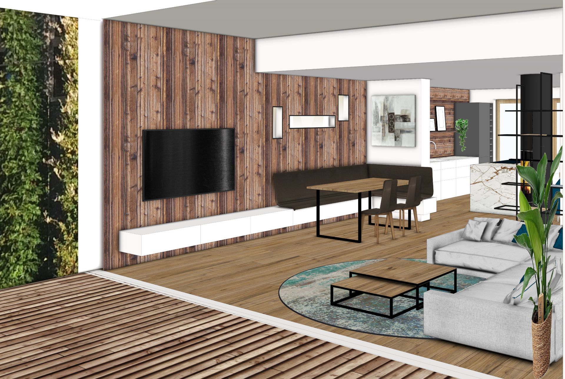 Innenraumvisualisierung eines modernen Wohnzimmers mit Holzvertäfelung, Fernseher, Sitzgelegenheiten und Essbereich.