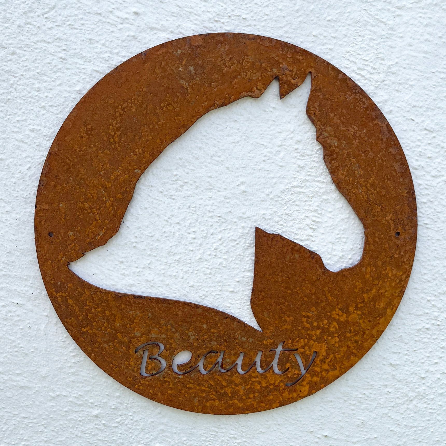 Rostiges Metallschild mit Pferdesilhouette, darunter die Aufschrift „Beauty“.