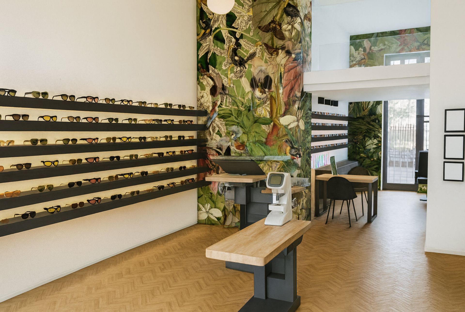 Innenansicht eines Optikergeschäfts mit Brillen in Ausstellungsregalen, einem botanischen Wandgemälde und optischen Geräten.