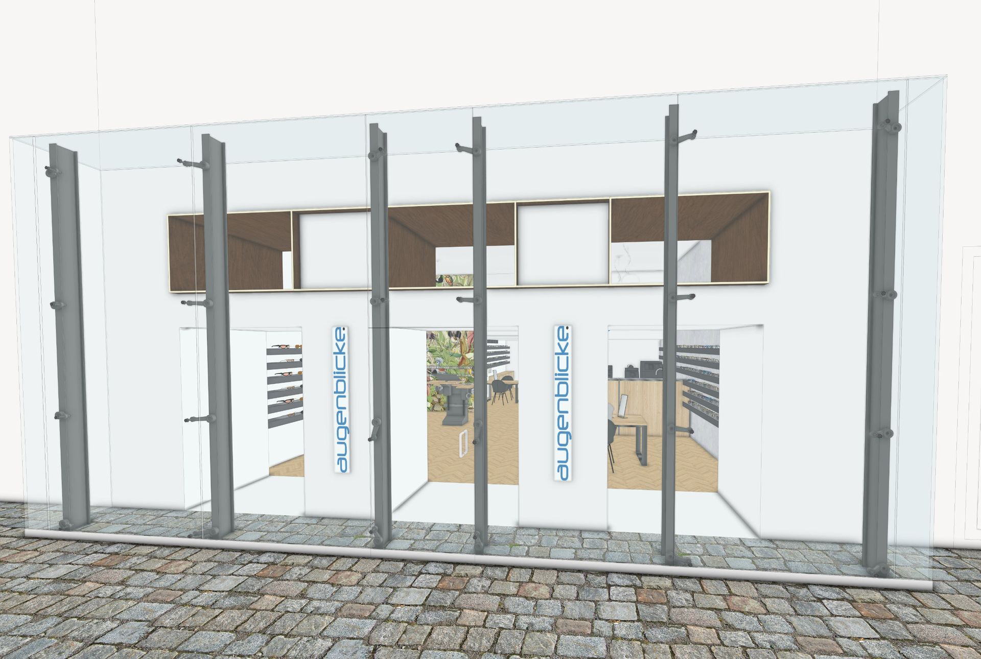 Building exterior with glass storefront, supporting pillars, and signs labeled 