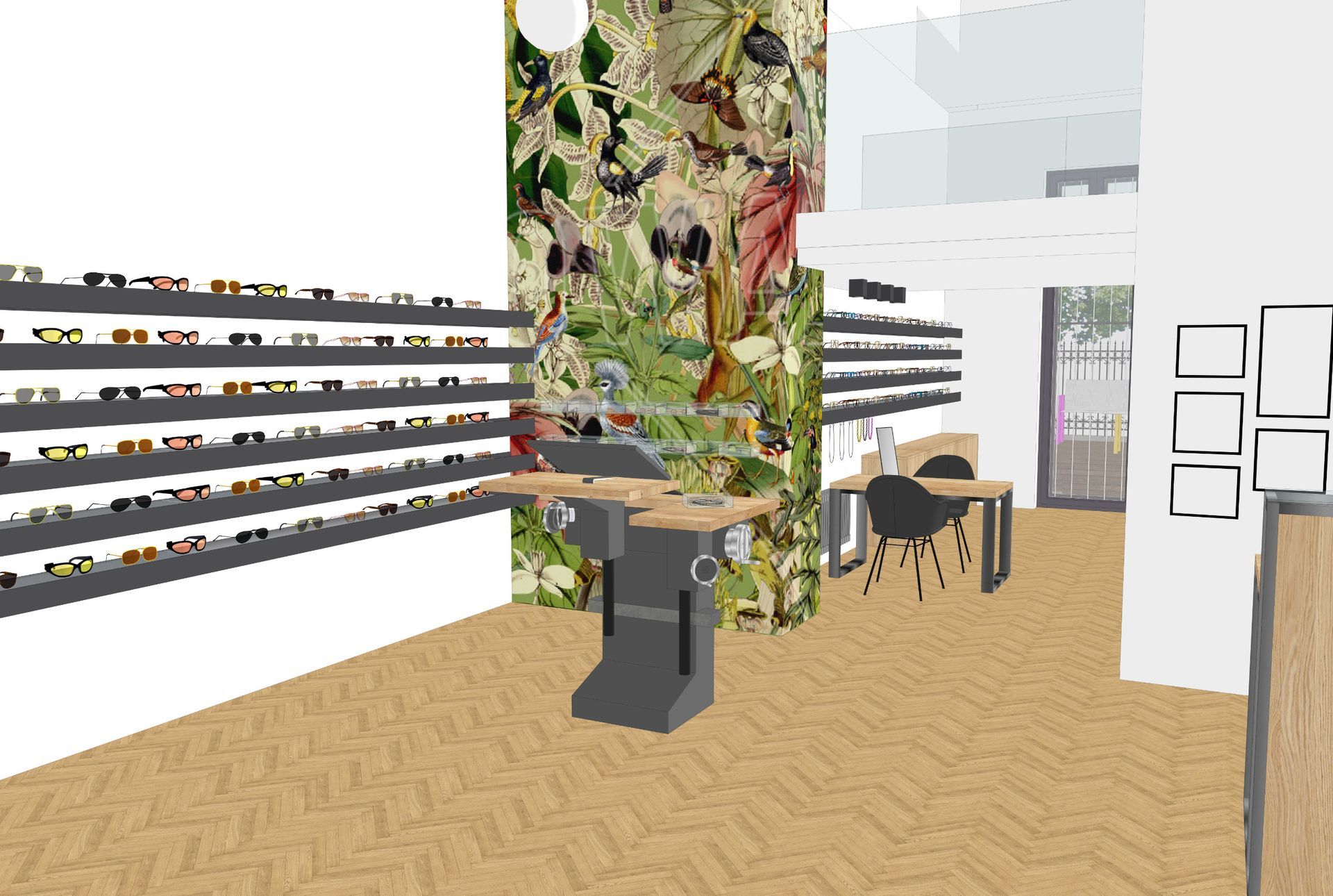 Innenansicht eines Optikergeschäfts; Regale mit Brillen an den Wänden; florales Wandbild; Holzfußboden; ein zentraler Präsentationstisch.
