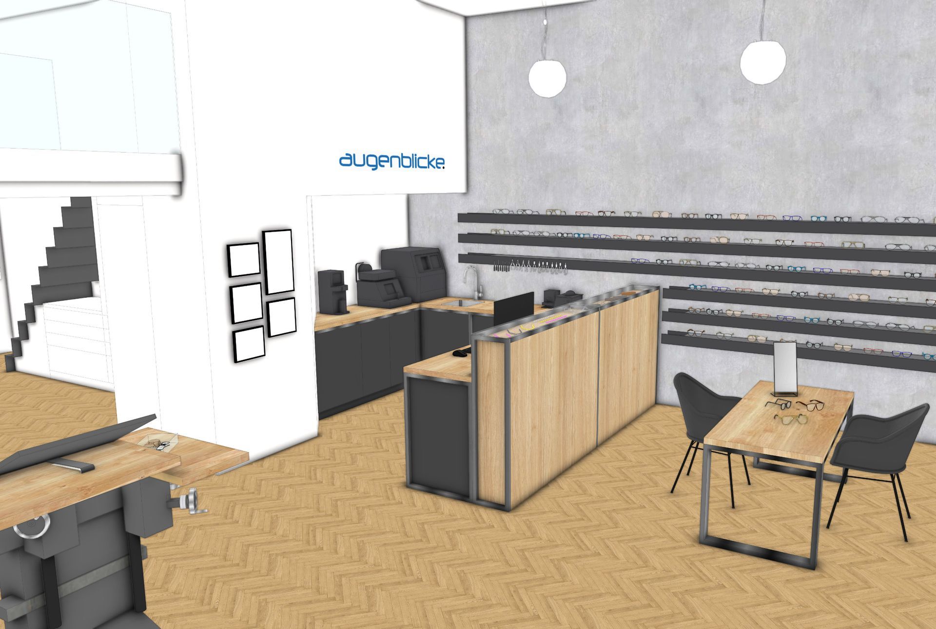 Innenbüroräume mit Empfangstresen, Sitzecke und Treppe.