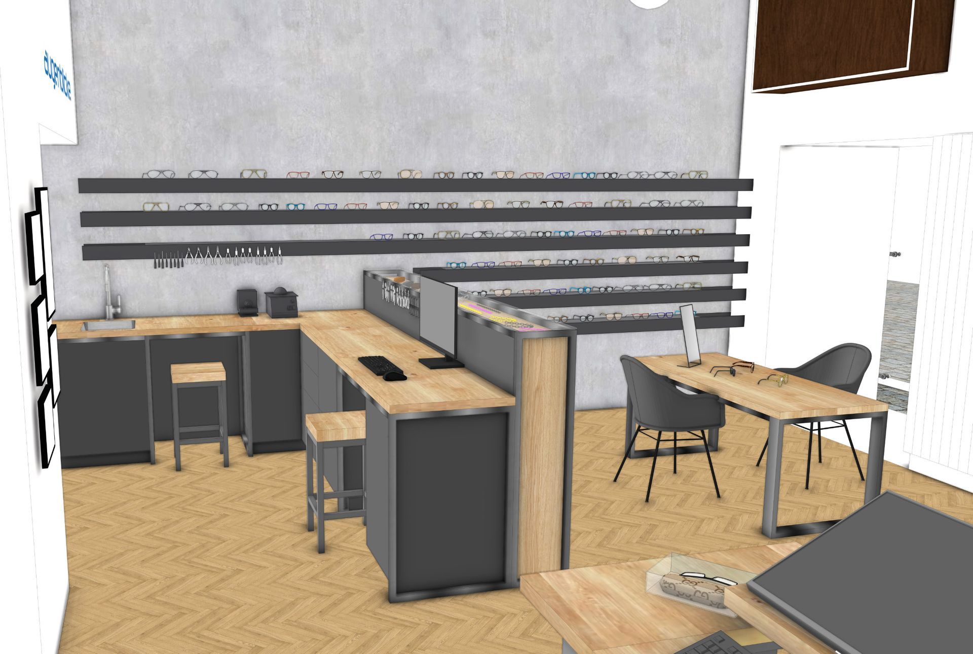 Innenaufnahme: Moderne Büroküche mit Arbeitsplatten, Tischen, Stühlen und Regalen. Graue, hellbraune und neutrale Farbtöne.