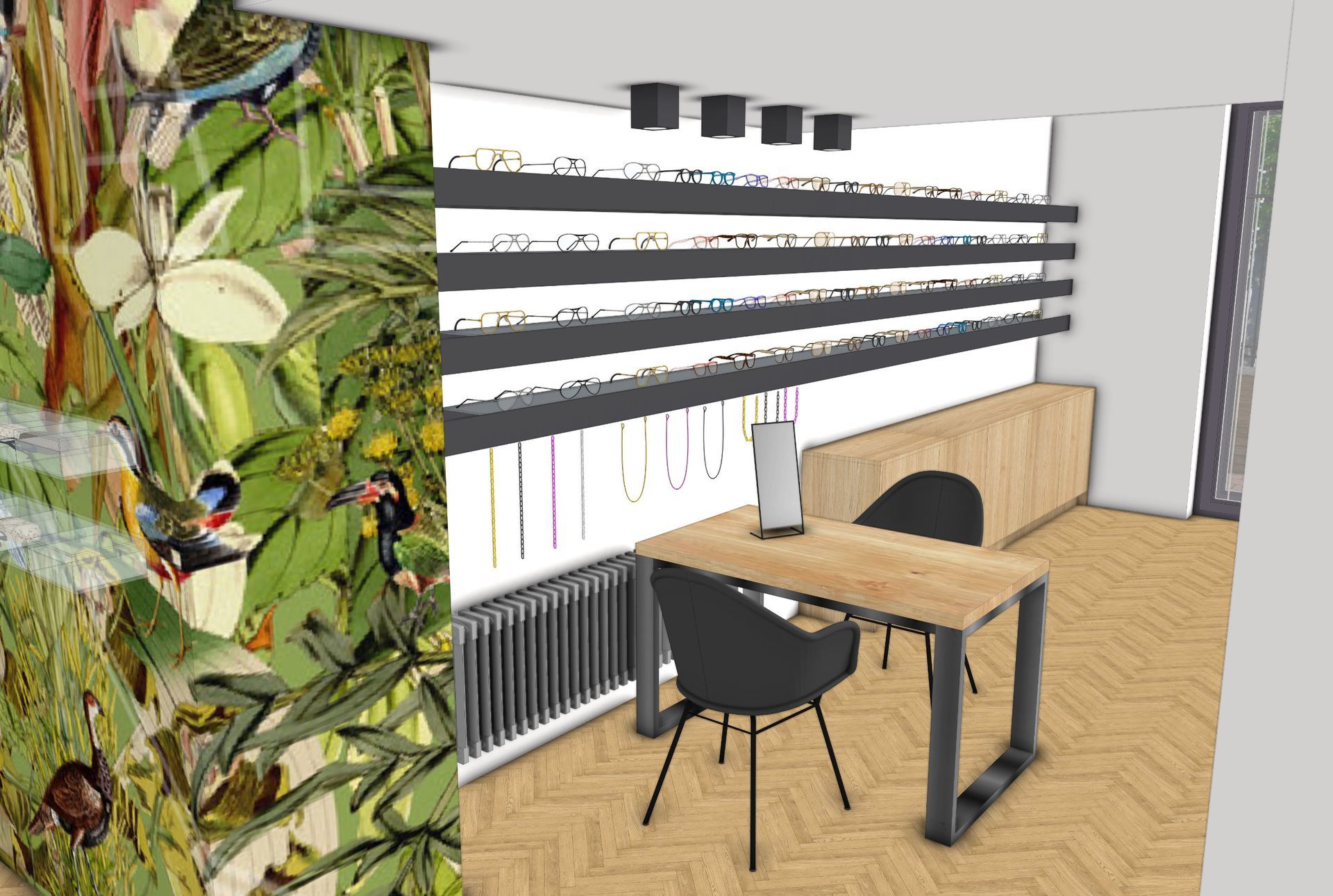 Innenansicht eines Optikergeschäfts; Regale mit Brillen, ein Tisch, zwei Stühle und eine Wand mit Blumenmuster.