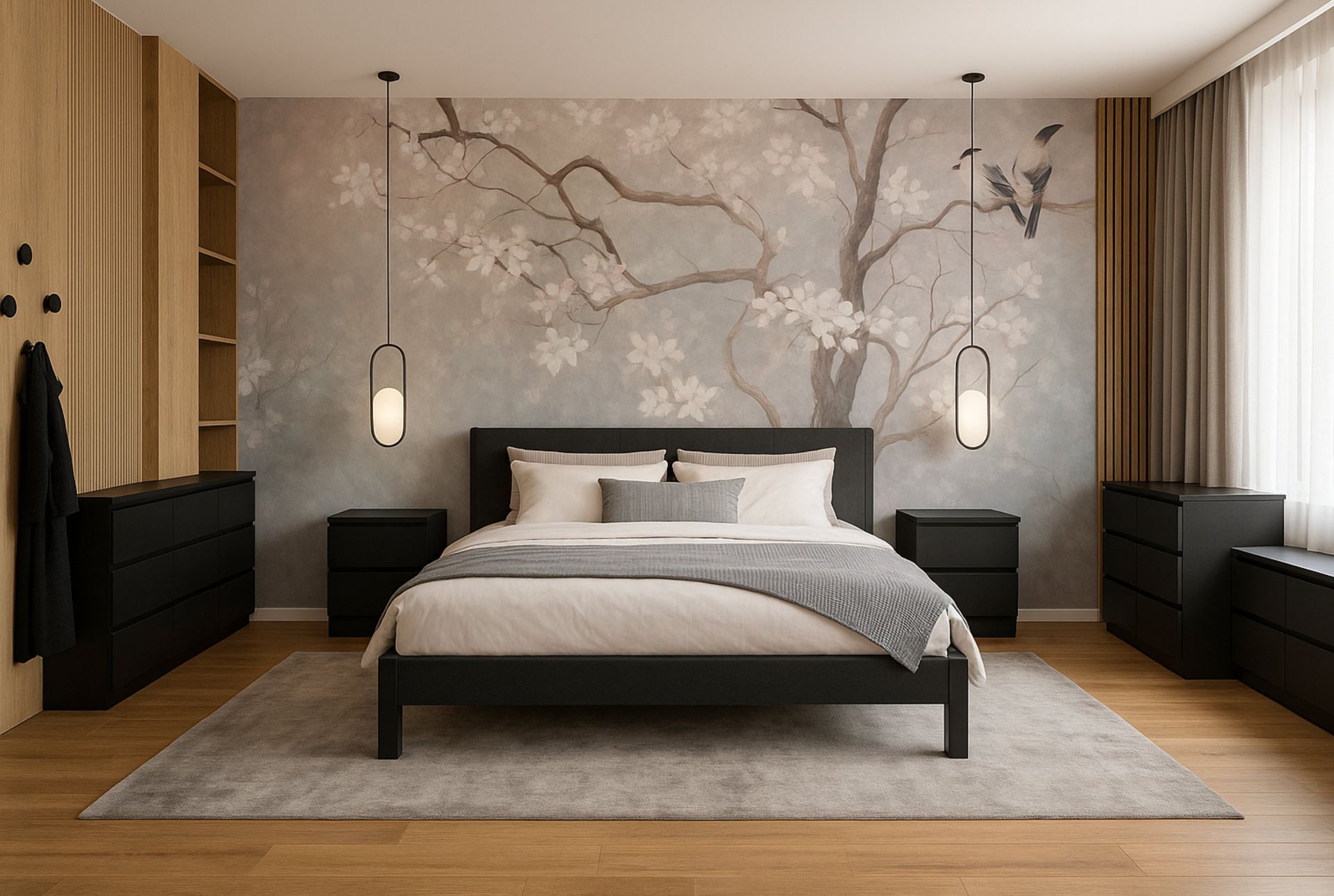 Schlafzimmer mit Wandbild, dunklem Bettgestell, Nachttischen und Kommoden. Sanfte Farben und ein neutraler Teppich.