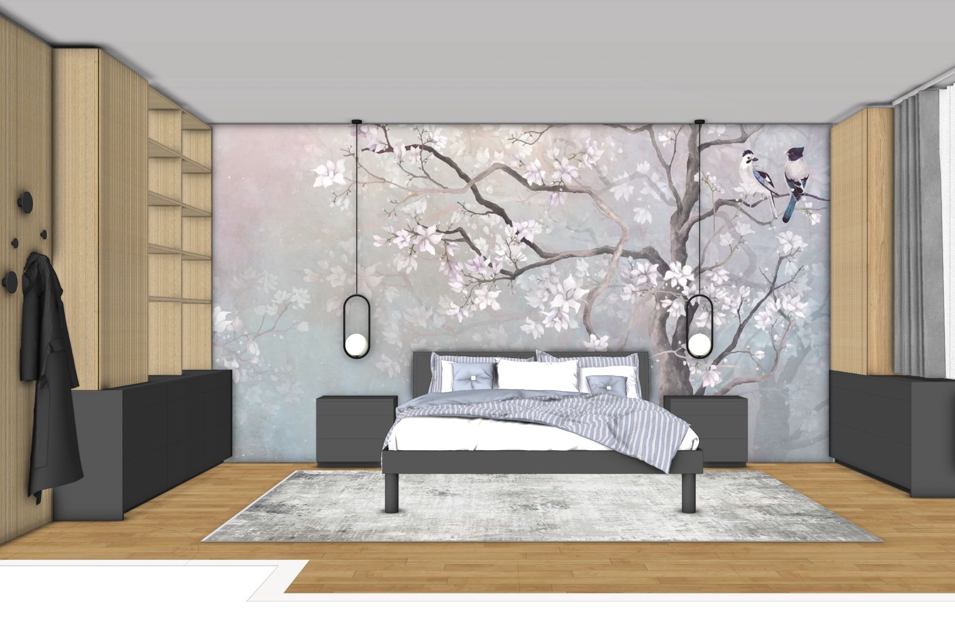 Schlafzimmer mit Bett, geblümter Tapete, Nachttischen, Teppich und Holzelementen.