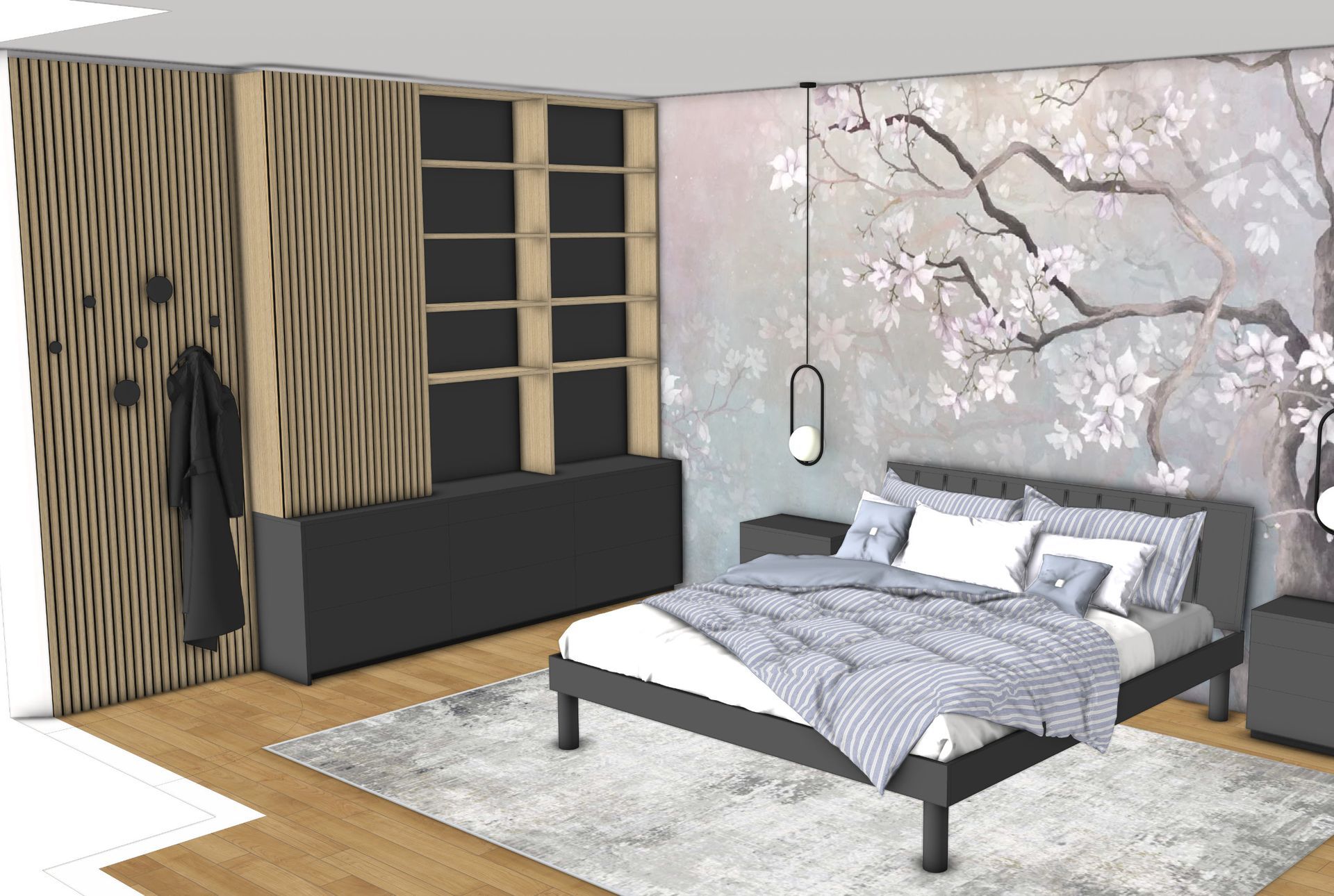 Schlafzimmer mit geblümter Tapete, grauem Bett, Teppich und Holzvertäfelung mit Garderobe.