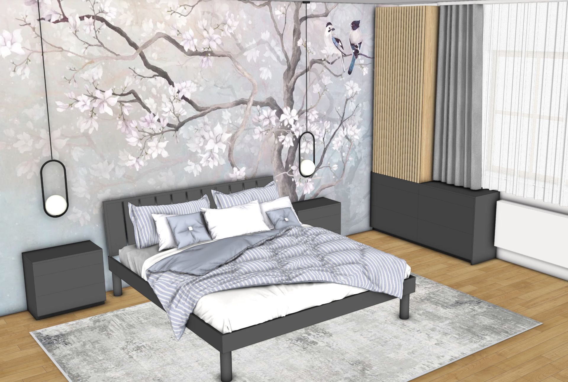 Schlafzimmer mit grauem Bett, geblümter Tapete, zwei Pendelleuchten und einem Fenster mit Vorhängen.