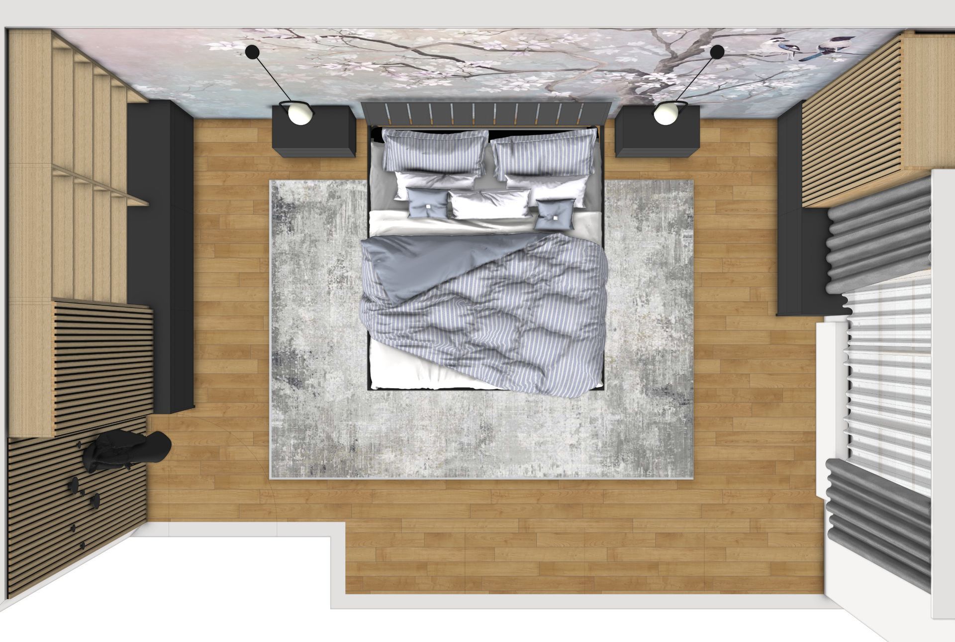 Schlafzimmeraufteilung mit Bett, Nachttischen, Teppich, Kleiderschrank und Schreibtisch. Heller Holzboden mit dunklen und hellgrauen Akzenten.