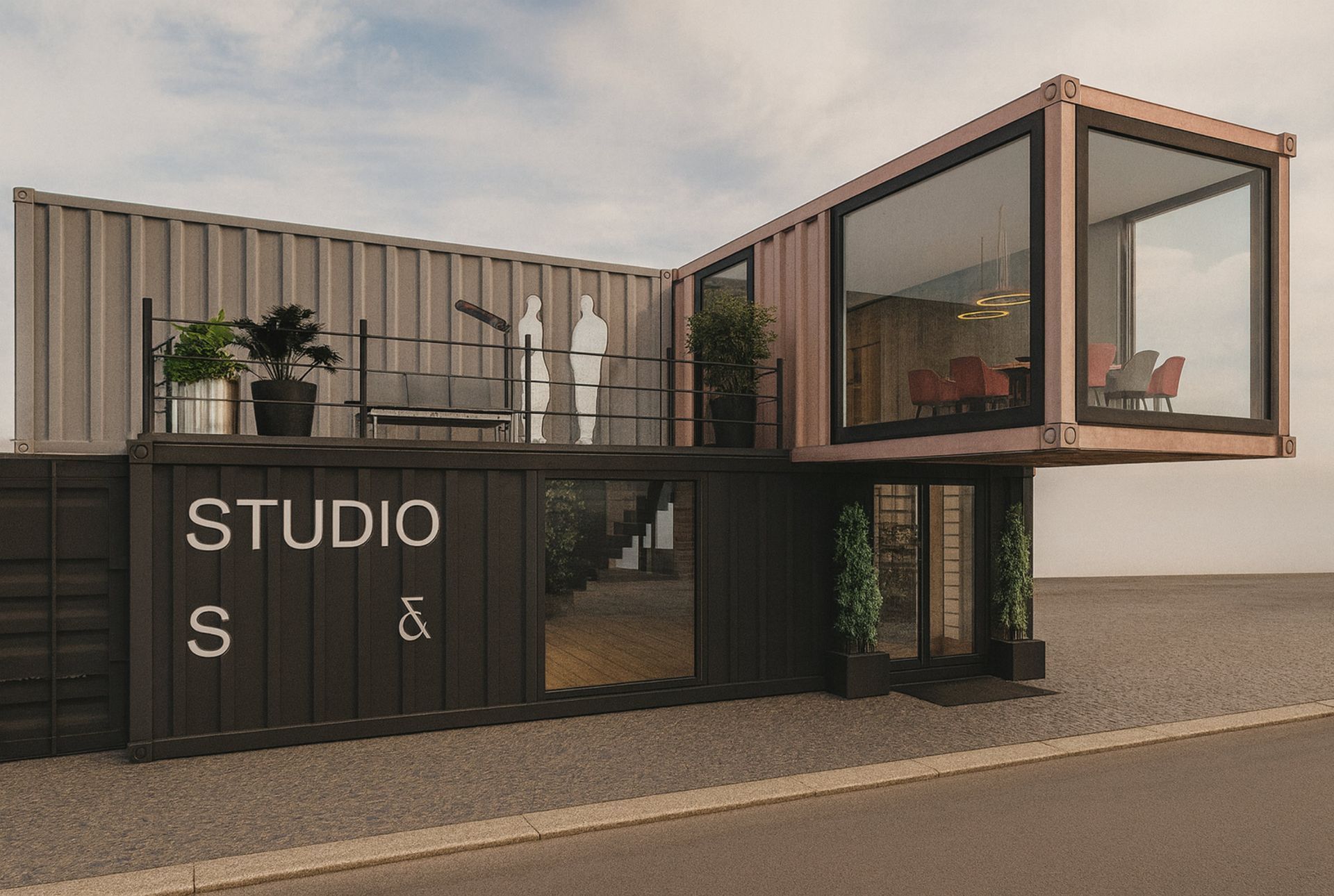 Modernes Studiogebäude aus Schiffscontainern; Schwarz, Glas und neutrale Farbtöne.