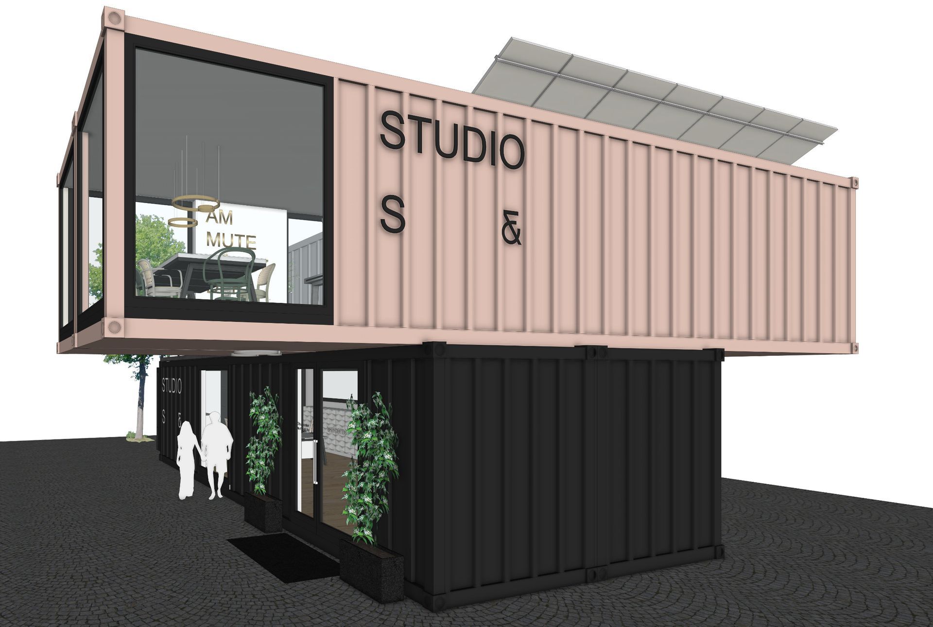 Zweistöckiges Gebäude aus Schiffscontainern. Der obere Container ist rosa und trägt die Aufschrift „Studio S & E“. Der untere Container ist schwarz. Auf dem Dach befinden sich Solarpaneele.