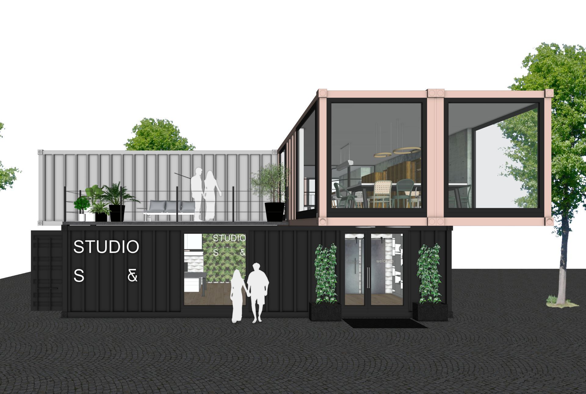 Ein Gebäude aus Schiffscontainern mit großen Fenstern und viel Grün; zwei Gestalten stehen vor einem Eingang.