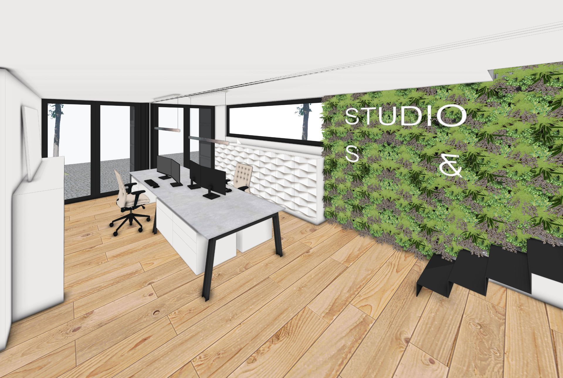 Bürointerieur mit Holzböden, Schreibtischen und einer grünen Wand.