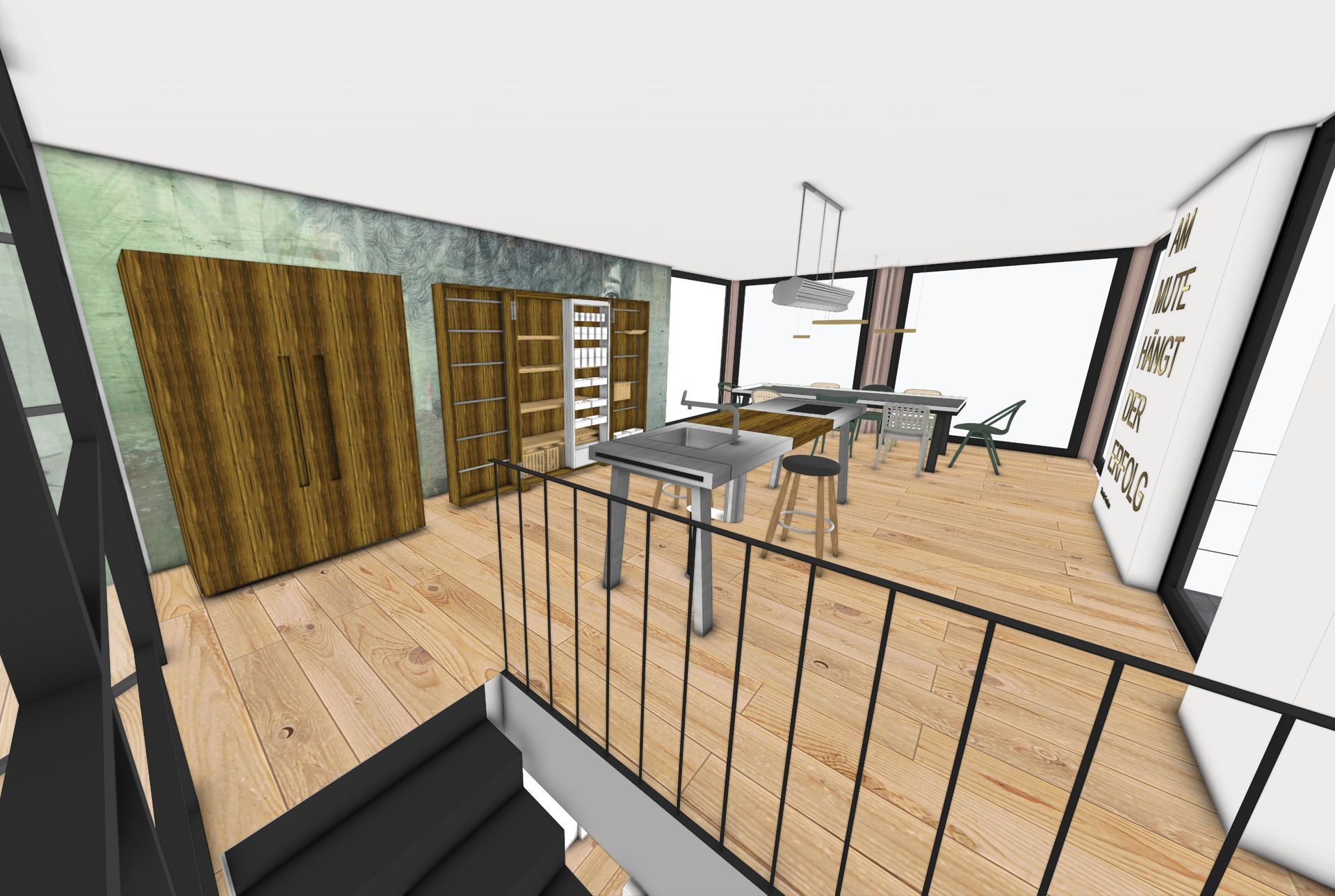 Innenansicht eines modernen Essbereichs mit Holzboden, großen Fenstern und Treppe.