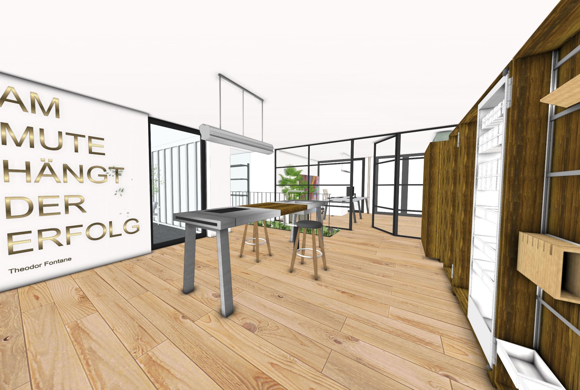 Modernes Bürointerieur mit Holzböden, Metalltisch, Glaswänden und einem Schild.