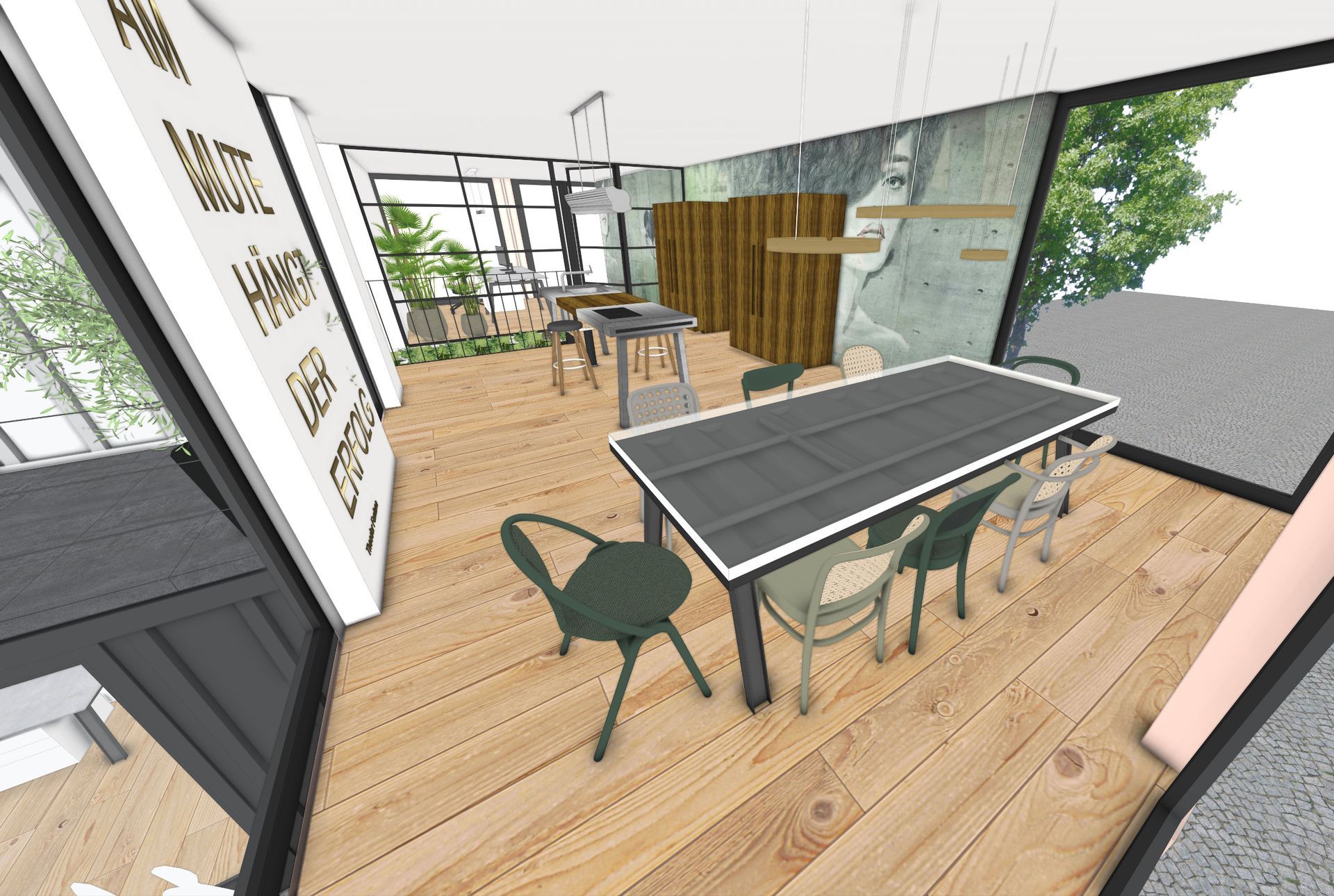 Ein Essbereich im Innenbereich mit Tisch und Stühlen, natürlichem Licht und Holzboden.