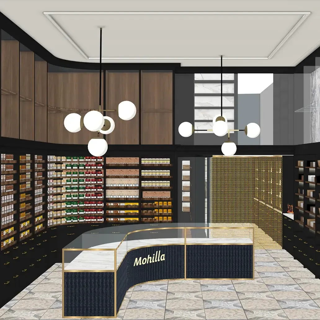 Innenansicht eines Luxusgeschäfts. Geschwungene Verkaufstheke, dunkle Regale und moderne Leuchten.