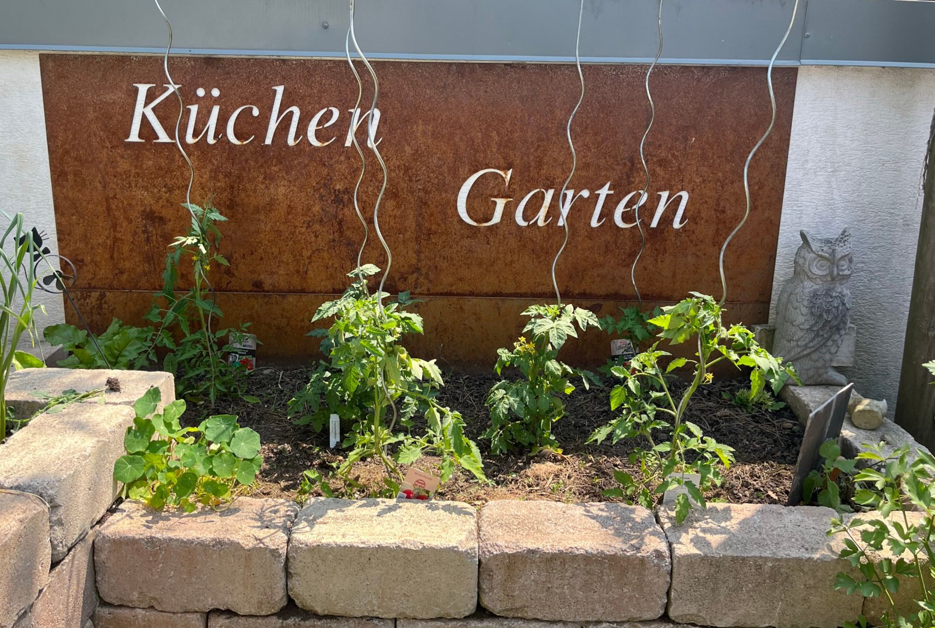Ein kleiner „Küchengarten“ mit Tomatenpflanzen und einer Steinmauer. Brauner Steinhintergrund mit weißer Schrift.