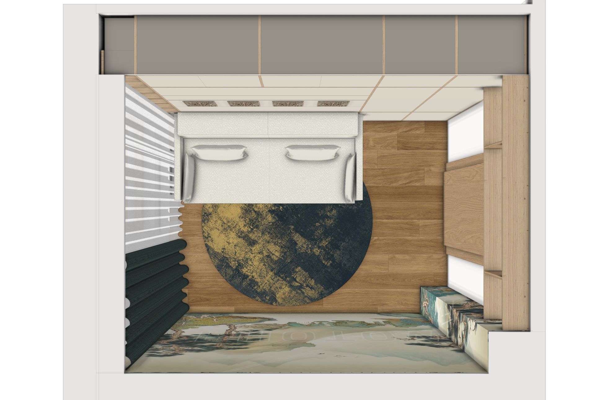 Draufsicht auf ein modernes Schlafzimmer mit Bett, rundem Teppich, Fenster und Holzvertäfelung.