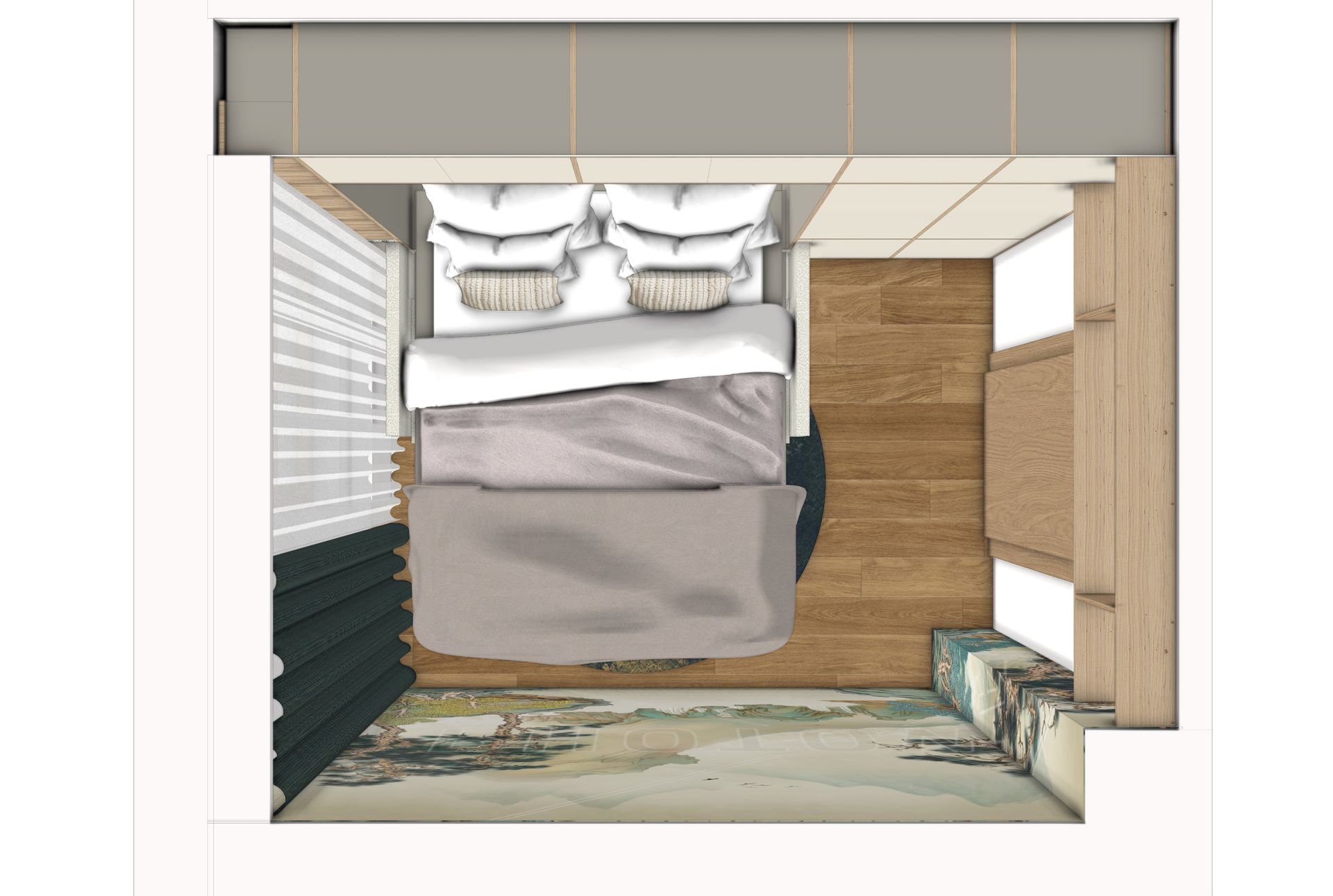 Draufsicht auf ein kleines Schlafzimmer mit Bett, Holzboden und Fenster mit Jalousien.