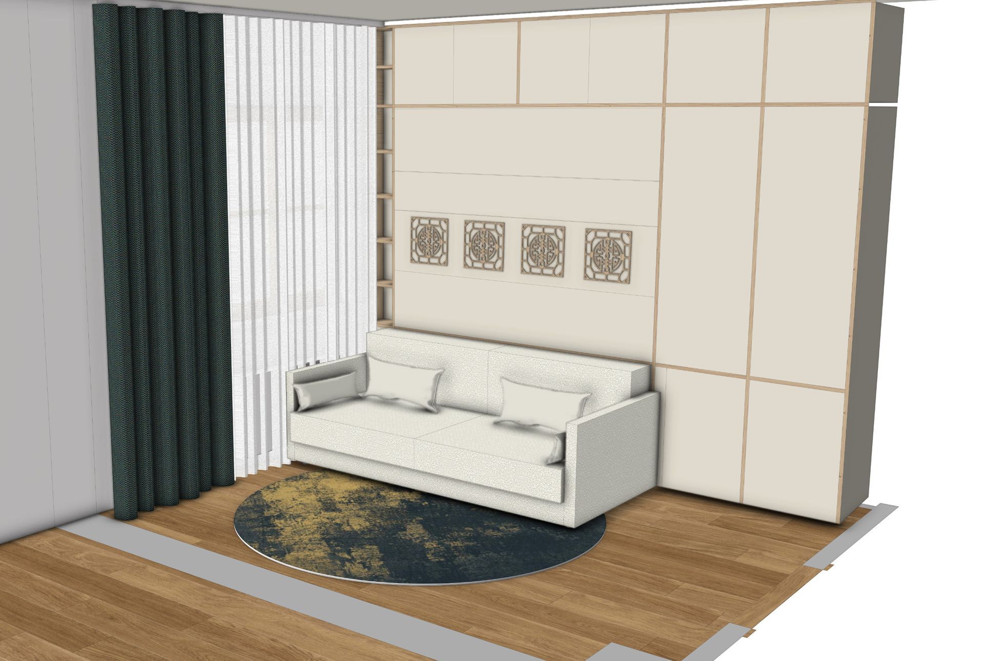 Ein kleines, modernes Wohnzimmer mit weißem Sofa, gemustertem Teppich und Vorhängen.