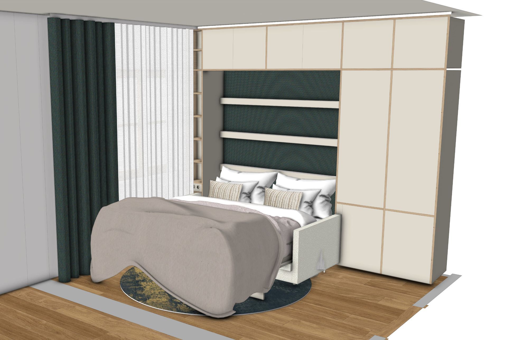 Ein eingebautes Wandbett im Schlafzimmer. Beige und weiße Schränke umgeben das Bett, eine türkisfarbene Akzentwand und ein runder Teppich runden das Bild ab.