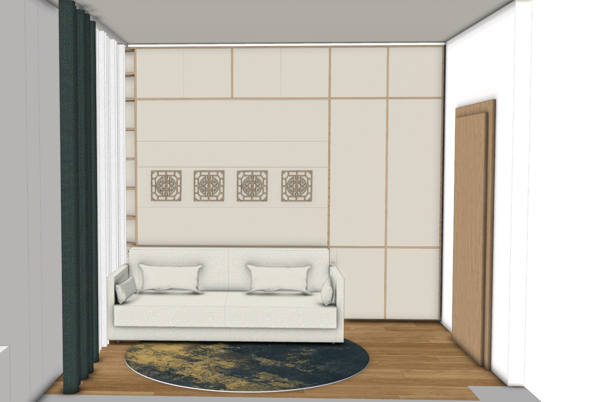 Innenansicht eines Wohnraums mit Sofa, Teppich, gemusterter Wand und Tür.