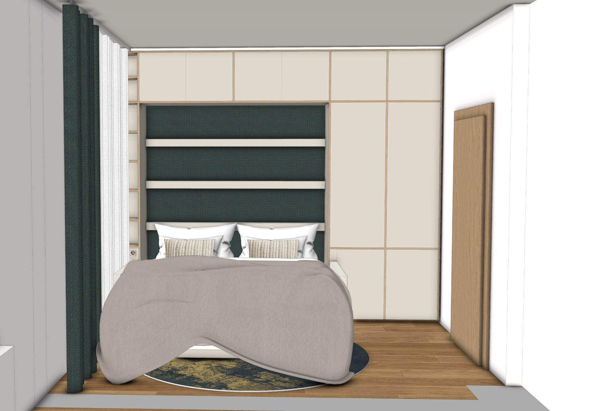 Schlafzimmerinterieur mit Bett, Kopfteil, Kleiderschrank, Vorhängen und Tür. Erdtöne mit türkisfarbenen Akzenten.