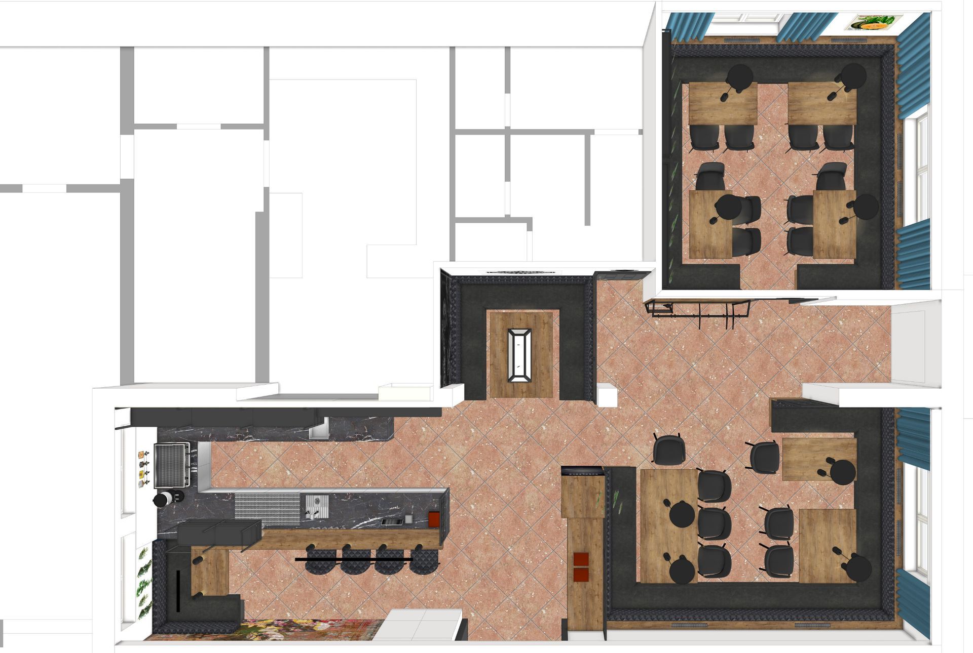 Grundriss eines Büroraums mit Küche, Empfangsbereich und mehreren Schreibtischbereichen.