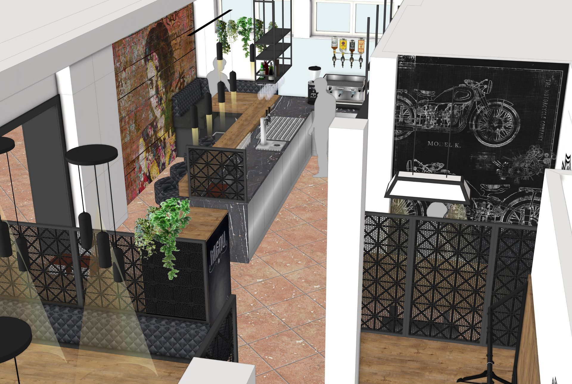 Innenraumvisualisierung einer Bar mit Theke, Tischen, dekorativen Paravents und verschiedenen Pflanzen.