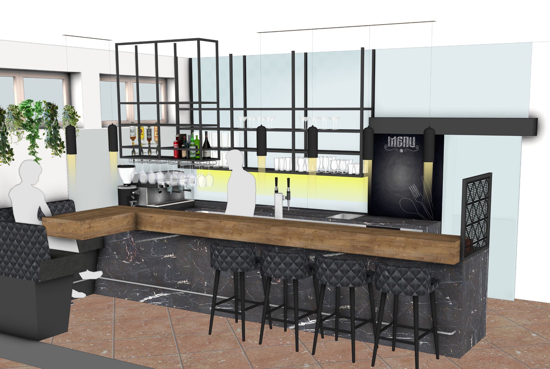 Visualisierung eines Bar-Interieurs mit schwarzen Barhockern, einer Marmortheke und einer Holzarbeitsplatte.