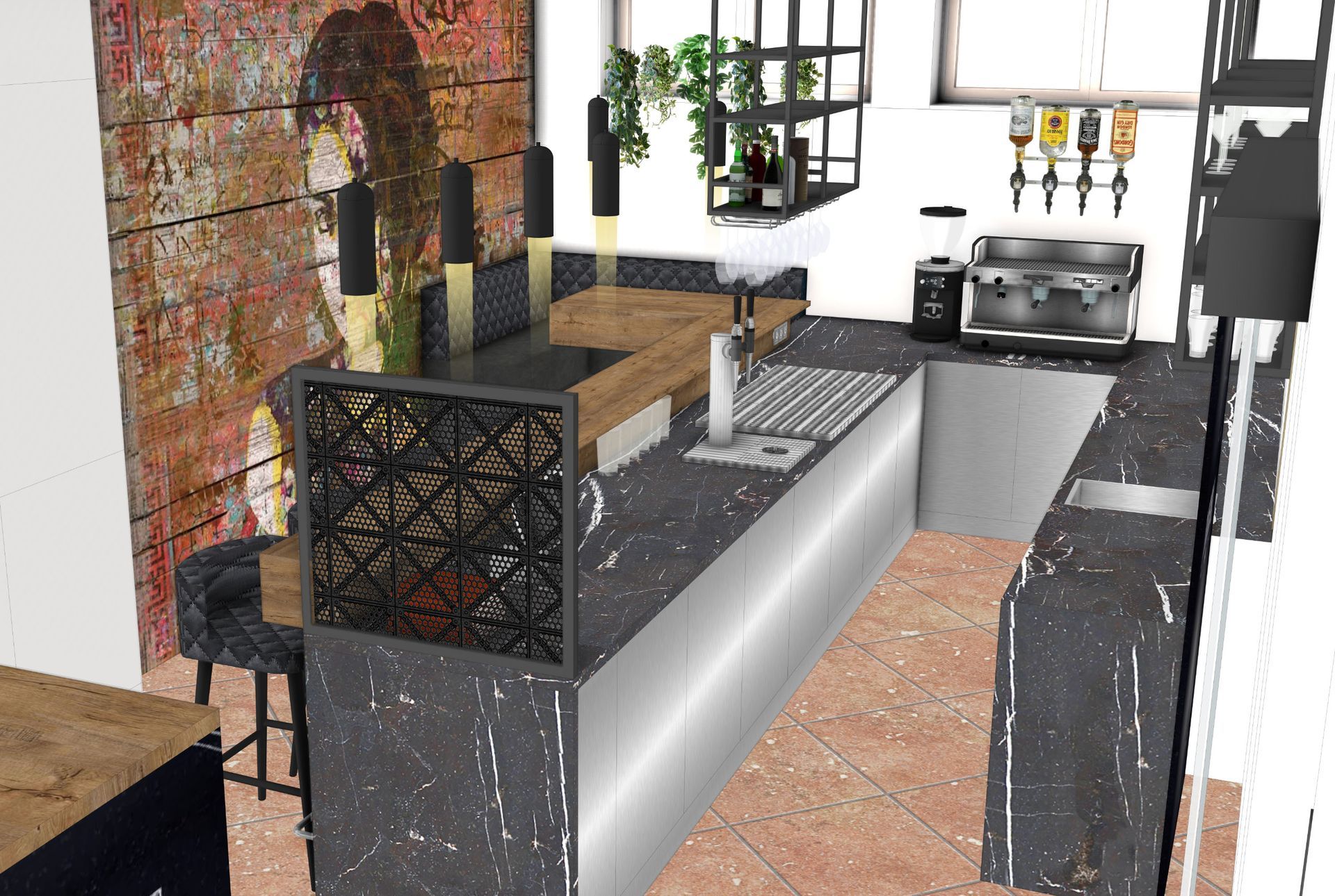 Eine moderne Bar mit schwarzer Marmorarbeitsplatte, Akzenten aus Edelstahl und einer dekorativen Trennwand.