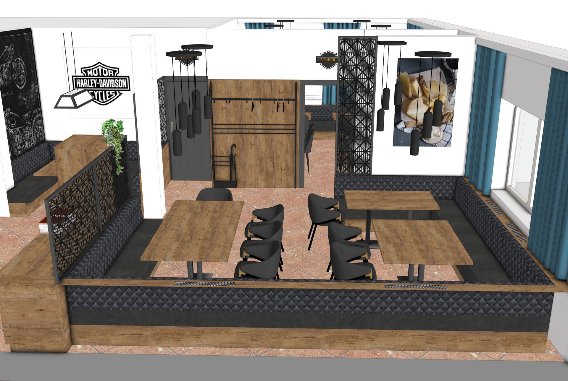 Visualisierung des Restaurantinterieurs: Sitznischen mit Tischen und Stühlen, Dekor in Holz und Schwarz, Kunst an den Wänden und ein Fenster.
