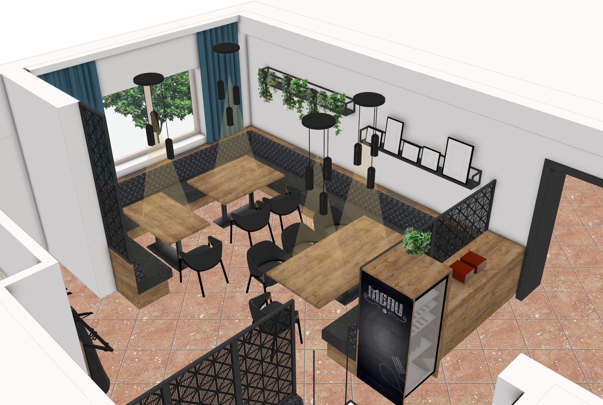 Restaurantinterieur mit Tischen, Stühlen und Sitznischen, mit Fenster und dekorativen Akzenten.