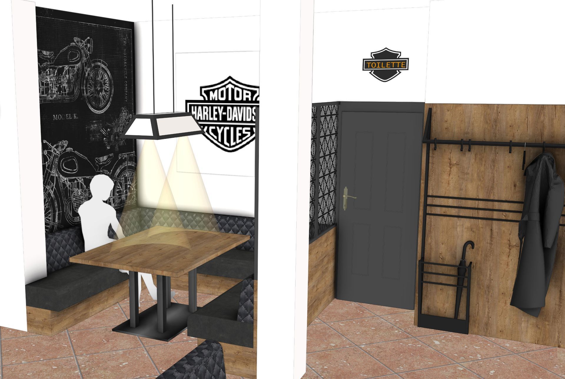 Innenansicht eines im Harley-Davidson-Stil gestalteten Raumes mit Tisch, Sitzgelegenheiten und Garderobe.