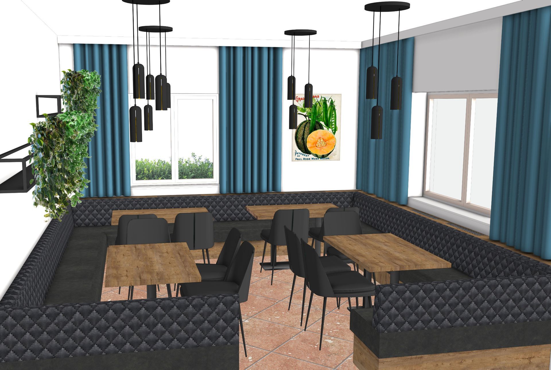 Restaurantinterieur: schwarze Sitznischen, Tische, Stühle, Pendelleuchten, blaue Vorhänge, grüne Pflanzenwand und ein Foto von Kürbis.