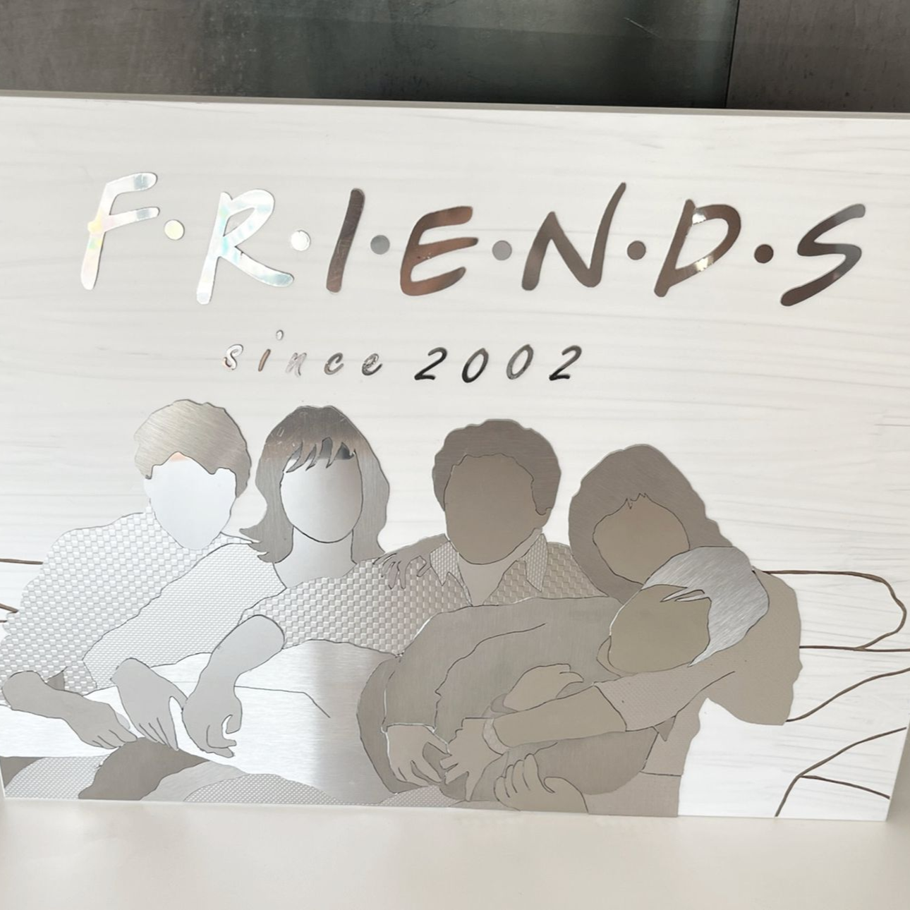Das „Friends“-Logo und die Silhouetten sitzender Figuren auf weißem Grund, dazu der Schriftzug „since 2002“.